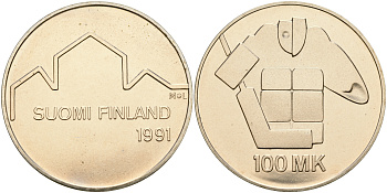 Финляндия 100 марок 1991 Чемпионат мира по хокею KM 69 серебро UNC 1066-4-44