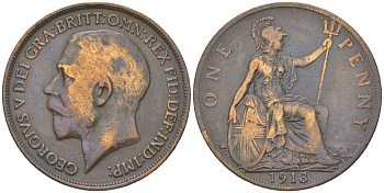 Великобритания 1 пенни 1913 Георг V (1910-1936) KM 810, Spink 4051 бронза 221-1245