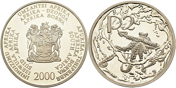 ЮАР 2 ранда 2000 осьминог KM 240 серебро  PROOF  11-170-33