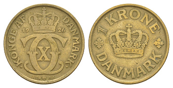 Дания 1 крона 1926 HCN, Кристиан X (1912-1947) KM 824 алюминиевая бронза 4657-346