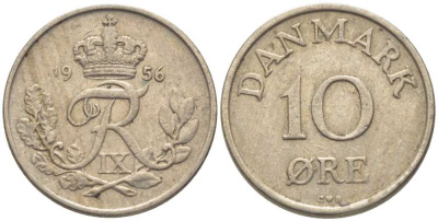 ДАНИЯ 10 ЭРЕ 1956 C;S, ФРЕДЕРИК IX (1947-1972) KM 841,2 медно-никель 201-1216