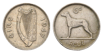 Ирландия 6 пенсов 1947 собака, ирландский волкодав KM 13a медно-никель 73-252