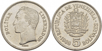 ВЕНЕСУЭЛА 5 БОЛИВАРОВ 1989 ПОРТРЕТ СИМОНА БОЛИВАРА KM 53a.2 никелированная сталь 37-733