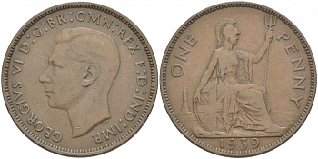 Великобритания 1 пенни 1939 Георг VI (1936-1952) KM 845, Spink 4114 бронза 3996-145