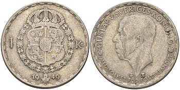 Швеция 1 крона 1949 TS, Густав VI Адольф (1950-1973) KM 814 серебро 4148-1112