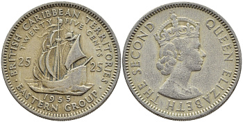 Британские Восточно-Карибские территории 25 центов 1955 Елизавета II (1952-2022), парусник KM 6 медно-никель 76-437