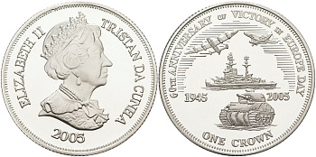 Тристан-да-Кунья 1 крона 2005 60-я годовщина победы в Европе, танки, самолёты, корабли серебро PROOF 1078-9-21