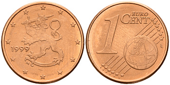Финляндия 1 евроцент 1999  KM 98 сталь плакированная медью  UNC  4189-149