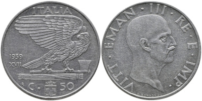 ИТАЛИЯ 50 ЧЕНТЕЗИМО 1939 R, ВИКТОР ИМАНУИЛ, XVII ГОД, НЕМАГНИТНАЯ KM 76а нержавеющая сталь 87-612