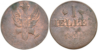 Франкфурт 1 геллер 1821 GB AKS 30, Jaeger 10, KM 301 медь 73-623