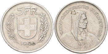 Швейцария 5 франков 1968 B KM 40a.1 медно-никель 4162-516