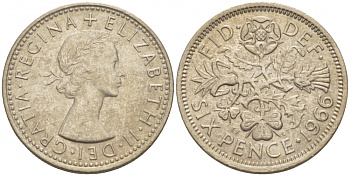 Великобритания 6 пенсов 1966 Елизавета II (1952-2022) KM 903, Spink 4149 медно-никель 214-723