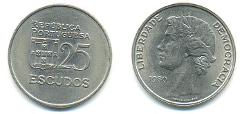 Португалия 25 эскудо 1980 первый год KM 607 a медно-никель 4379-1034