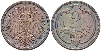АВСТРИЯ 2 ГЕЛЛЕРА 1909 ФРАНЦ ИОСИФ (1846-1918) KM 2801 бронза 201-331