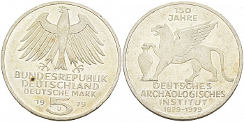 ФРГ 5 марок 1979 J, 150 лет со дня основания археологического института KM 150, J.425 серебро 3855-633