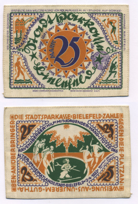 Германия, Билефельд 25 марок 1922 2 апреля 1922 года, STOFFGELD, нотгельд, размер 117 Х 84 мм. Grabowski 42F  шёлк  UNC 2192-95-1-1