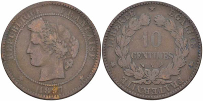 Франция 10 сантимов 1897 A, Третья Республика (1871-1940) KM 815.1, LA FRANC 135.44 бронза 4683-524
