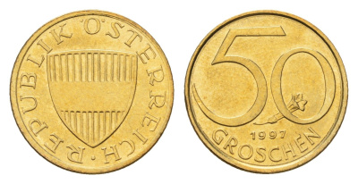 Австрия 50 грошей 1997 KM 2885 алюминиевая бронза UNC 4685-724
