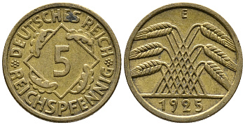 ГЕРМАНИЯ 5 РЕЙХСПФЕННИГОВ 1925 E KM 39, J. 316 алюминиевая бронза 39-553