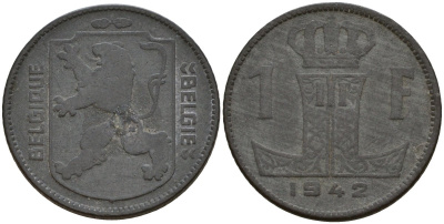 Бельгия 1 франк 1942 Belgique - Belgie, Леопольд III (1934-1947), германская оккупация, Вторая мировая война KM 127 цинк 4161-432