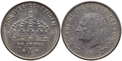 Швеция 1 крона 2002 Карл XVI Густав (1973- ) KM 894 медно-никель 4364-1051
