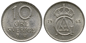 Швеция 10 эре 1965 U, Густав VI Адольф (1950-1973) KM 835 медно-никель 3458-149