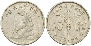 БЕЛЬГИЯ 50 САНТИМОВ 1923 BELGIE KM 88 никель 261-1653