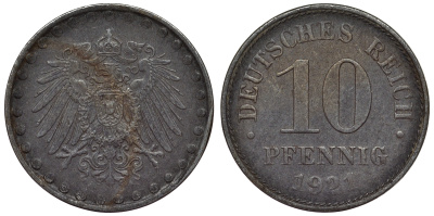 Германия 10 пфеннигов 1921 A KM 20, J. 298 железо 4119-155