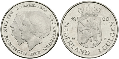 Нидерланды 1 гульден 1980 на коронацию Беатрикс, 30 апреля 1980 KM 200 никель 94-711