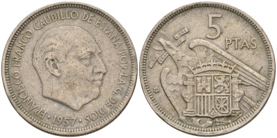 Испания 5 песет 1957 (68) Франсиско Франко (1939 - 1975) KM 786 медно-никель 4155-535