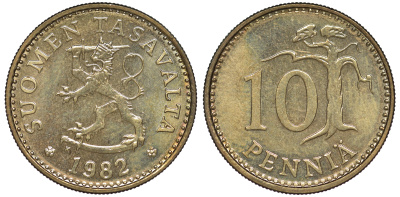 ФИНЛЯНДИЯ 10 ПЕННИ 1982 K KM 46 алюминиевая бронза 3334-1139