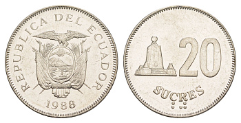 Эквадор 20 сукре 1988 KM 94.1 сталь плакированная никелем UNC 4641-721