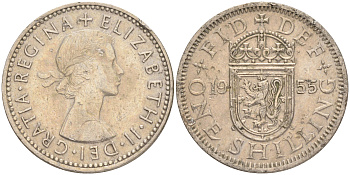Великобритания 1 шиллинг 1955 Елизавета II (1952-2022), Шотландский герб KM 905, Spink 4148 медно-никель 4556-624