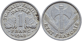 ФРАНЦИЯ 1 ФРАНК 1942 LB, ТИП LOURDЕ, ПРАВИТЕЛЬСТВО ВИШИ KM 902.1, LE FRANC 222.2 алюминий 4397-643