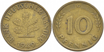 ФРГ 10 ПФЕННИГОВ 1949 G KM 103, J.378 сталь плакированная латунью 4539-1047