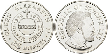 Сейшельские острова 25 рупий 1977 25 лет правления (серебрянный юбилей) королевы Елизаветы II (1952-1977) KM 38 серебро BUNC 1078-3-64