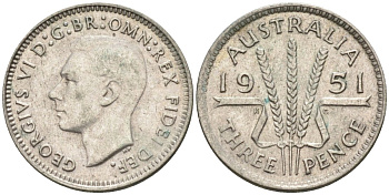 Австралия 3 пенса 1951 KG, Георг VI (1937-1952) KM 44 серебро 4585-527