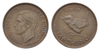 Великобритания 1 фартинг 1947 Георг VI (1936-1952) KM 843, Spink 4116 бронза 4664-354