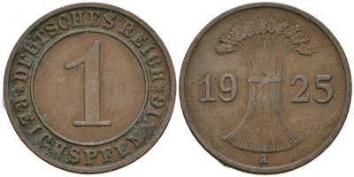 Германия 1 рейхспфенниг 1925 A KM 37, J. 313 бронза 4189-1113