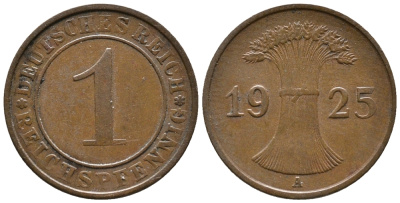 ГЕРМАНИЯ 1 РЕЙХСПФЕННИГ 1925 A KM 37, J. 313 бронза 39-864