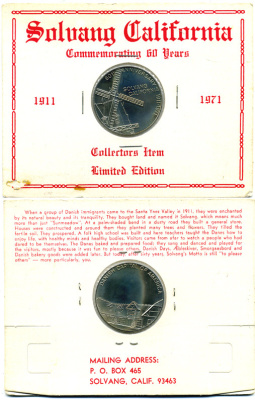 США МЕДАЛЬ 1971 SOLVANG CALIFORNIA ДАТСКАЯ СТОЛИЦА АМЕРИКИ, В ОРИГИНАЛЬНОМ БУКЛЕТЕ, С ОПИСАНИЕМ медно-никель UNC 06-081-59