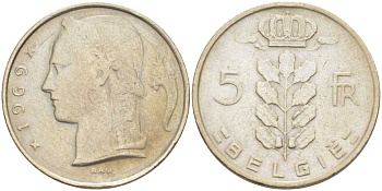 БЕЛЬГИЯ 5 ФРАНКОВ 1969 BELGIE, БОДУЭН I (1951-1993) KM 135.1 медно-никель 202-1213