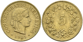 Швейцария 5 раппенов 1981 KM 26c алюминиевая бронза 4152-561