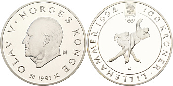 Норвегия 100 крон 1991 зимние Олимпийские игры 1994 года в Лиллехаммере, конькобежный спорт KM 434 серебро  PROOF  01-236-24