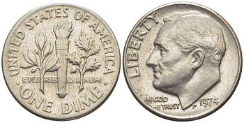 США 10 центов (дайм) 1974 Франклин Рузвельт KM 195а медь плакированная медно-никелем 116-625