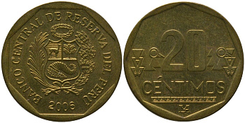 Перу 20 сентимо 2006 LIMA KM 306.4, Schon 105 латунь UNC 4543-1132