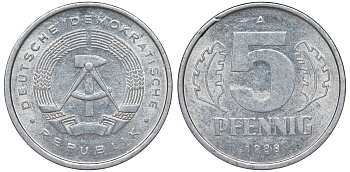 ГДР 5 ПФЕННИГОВ 1988 А алюминий 62-555