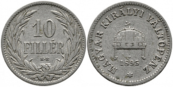 Венгрия 10 филлеров 1895 КВ, Франц Иосиф I (1848-1916) KM 482 никель 105-914