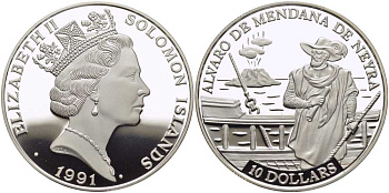 Соломоновы острова 10 долларов 1991 Альваро Менданья де Нейра (1542-1595) KM 47 серебро PROOF 1078-7-13