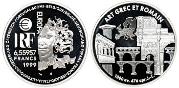 Франция 1 евро = 6,55957 франков 2000 греко-романский стиль в архитектуре (1000 до н.э.- 476 н.э.) в коробке с сертификатом KM 1244 серебро PROOF 4-3-3-10